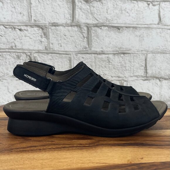 Mephisto Air Relax Womens 7/38 Black Leather Trapezoid Wedge Comfort Sandals - Picture 6 of 13